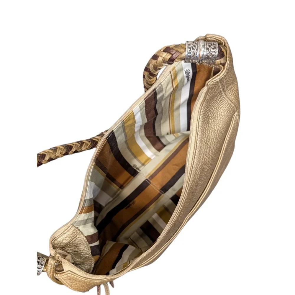 Brighton Metallic Gold Pebbled Leather Braided Strap Hobo Bag D786880
